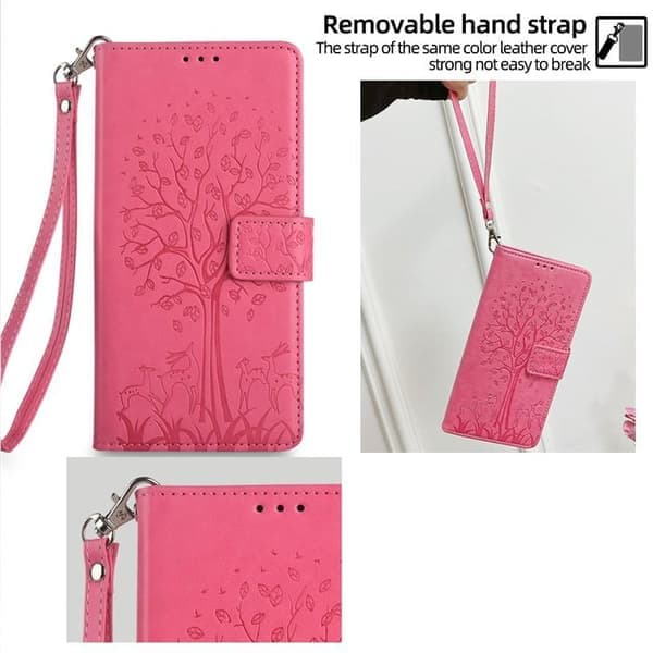 Redmi Note 14 4G - Läderfodral med trä- och älgprägling, rosa Rosa