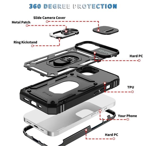 iPhone 15 Hybrid Cover med Ringholder og Kamerabeskyttelse - Sort
