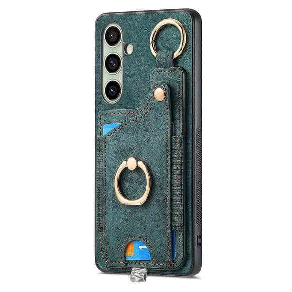 Retro lædertelefoncover med kortplads og ringholder til Samsung Galaxy S25 (sort)