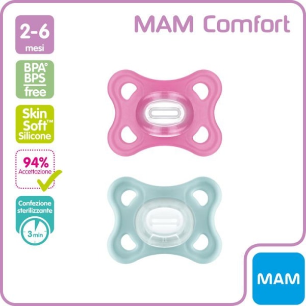 Mam Comfort Nappset om 2, 100% silikon, med napphållarfodral, 2-6 månader, rosa och grågrön