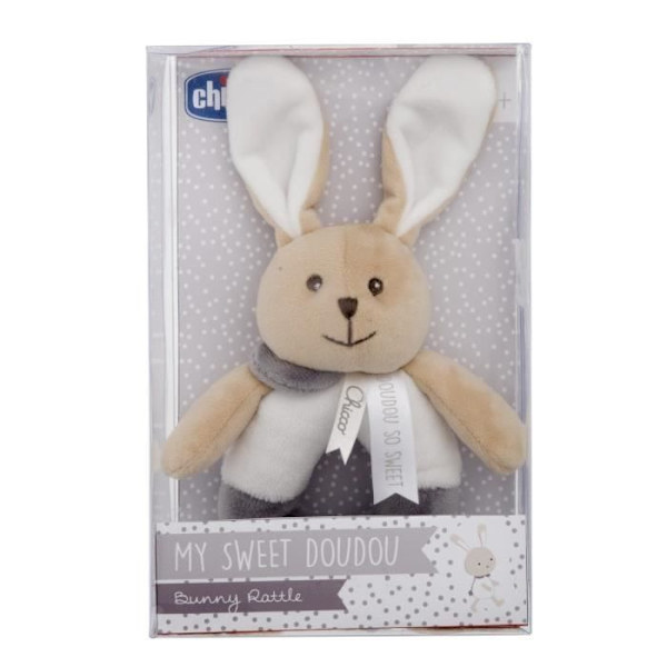 Rabbit Rattle - CHICCO - My Sweet Doudou - Soft Plush - Birth - Mixed Beige, grått och vitt