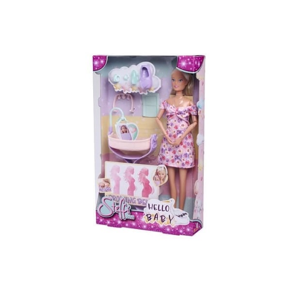 Smoby - Steffi Love - Future Mom - Gravid mannequindukke (29cm) - Babytilbehør - Knap til at forstørre maven rosa och lila