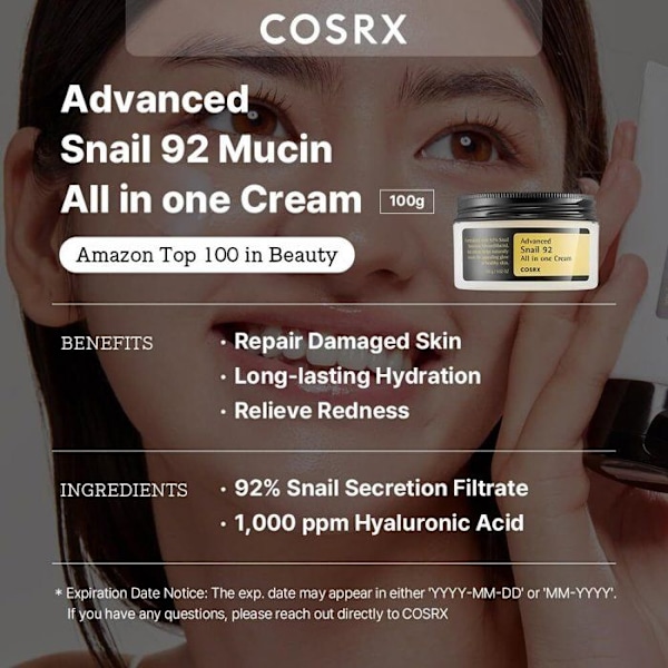 Fugtgivende creme - Cosrx - ADVANCED SNAIL 92 - 100 g - Alle hudtyper - Creme tekstur