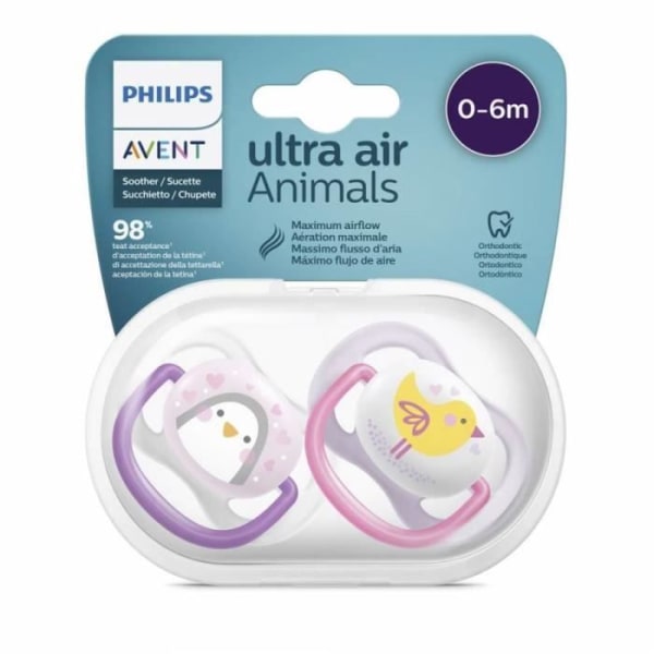 Avent Ultra Air Pacifiers 0-6 kk Girl Chick Penguin Rosa, Gul