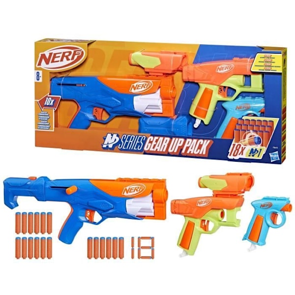 Nerf N Series Gear Up Pack, 3 Blasters, 18 Nerf N1 Darts endast kompatibel med Nerf N Series Blasters Flerfärgad