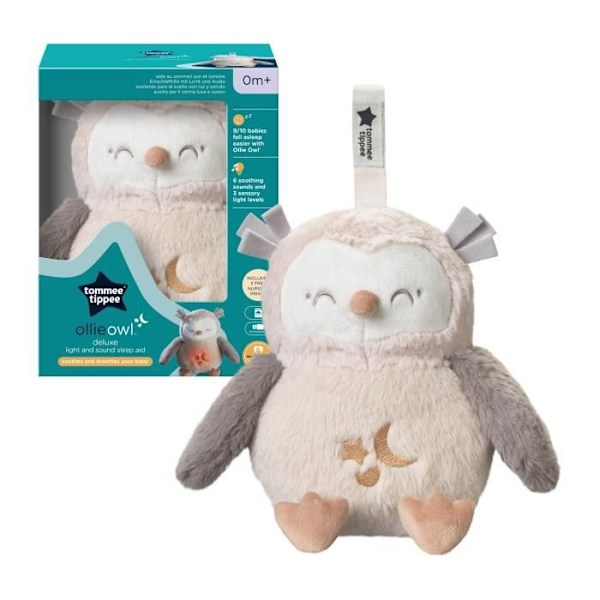 TOMMEE TIPPEE, Luxury Night Light Plys med CrySensor, 6 beroligende lyde, USB, Kan maskinvaskes, Ollie the Owl kastanj
