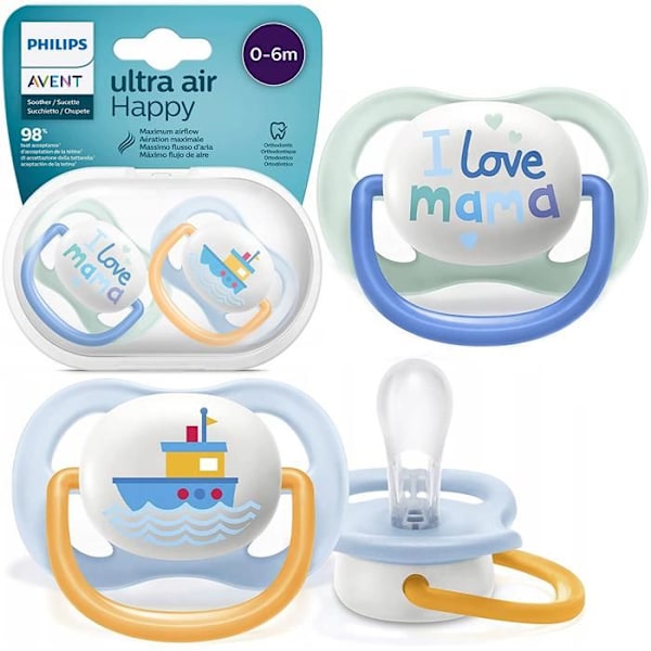 Symmetrisk Ultra Air Napp +0m Love Mama Blue - PHILIPS AVENT - Set om 2 - Fysiologisk (Tillplattad spets) vitt och blått