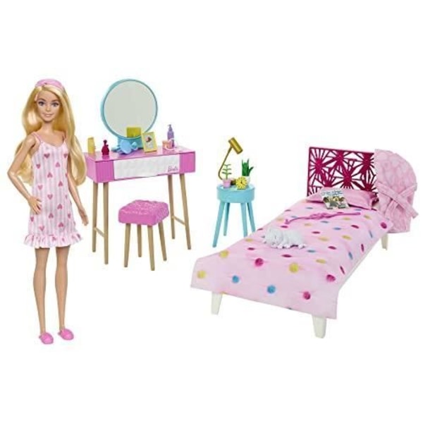 Barbie Doll's Room Box - Vaaleanpunainen - Värikkäitä leikkitarvikkeita - Pörröiset pyjamat ja tossut Rosa