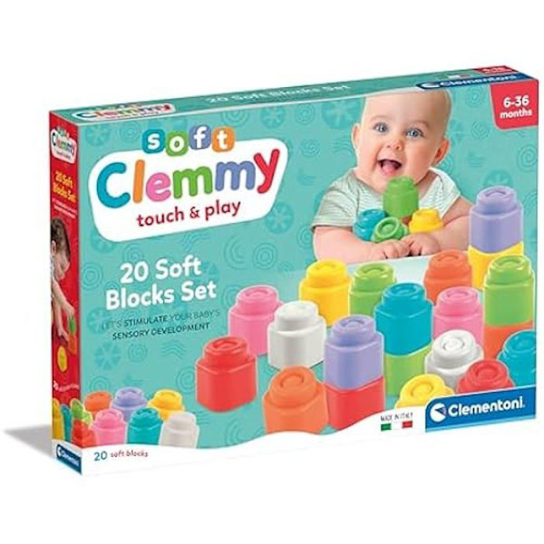 Clementoni- Pehmeä 20 kappaleen rakennussetti varhaislapsuudelle, Clemmy-pehmeät tiilet, lasten lohkot 6 kk, aistinvarainen leikki,