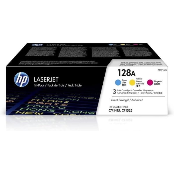 HP 128A 3-pack trefärgad originaltonerkassett (CF371AM) för Color LaserJet Pro CM1415/CP1520series/CP1528