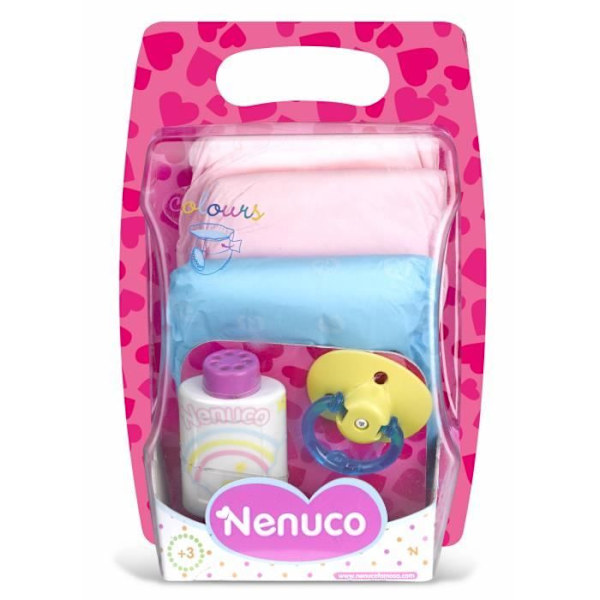 Laatikko, jossa 3 värillistä Nenuco-vaippaa 40/43cm nukeille - NENUCO - Les Couches En Couleurs rosa, gul, blå