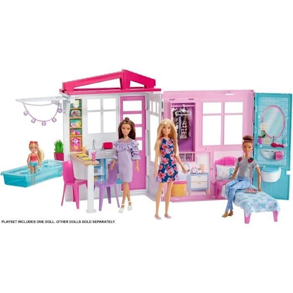 Dockhus - BARBIE - Fällbar möblerad - 60 cm - Rosa - Inredning Rosa