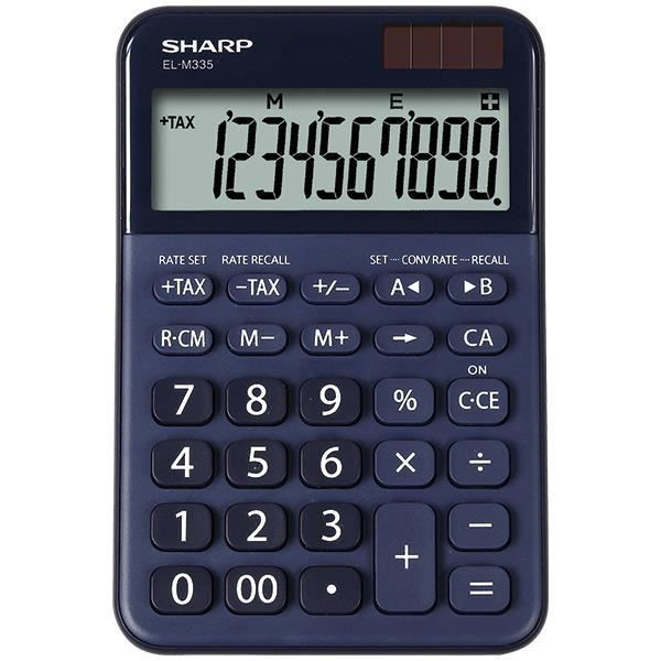 Sharp EL-M335, stationär, grundläggande miniräknare, 10 siffror, batteri/sol, blå