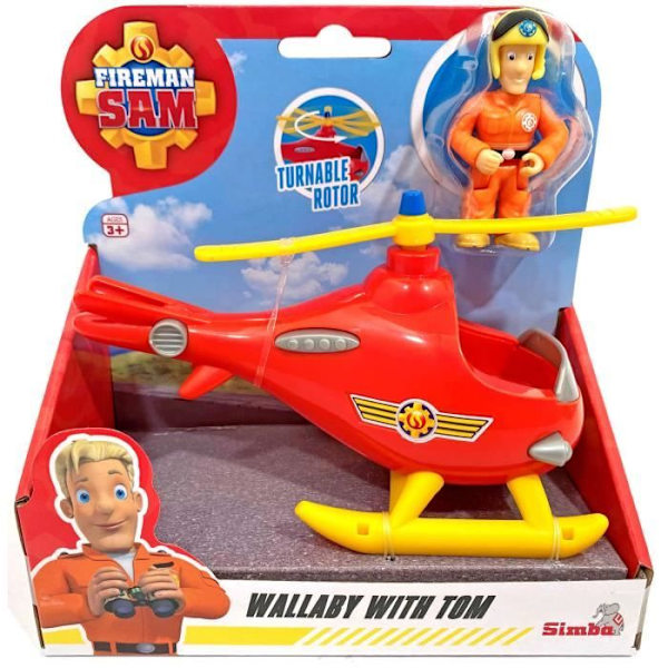 Leksak - SIMBA - Brandman Sam Helikopter Tom set + statyett - Rött fordon med ledad figur Röd, gul, orange