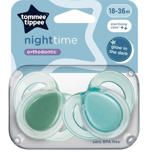 Nattnapp - TOMMEE TIPPEE - 18-36 månader - Set med 2 fosforescerande nappar med återanvändbar steriliseringskapsel