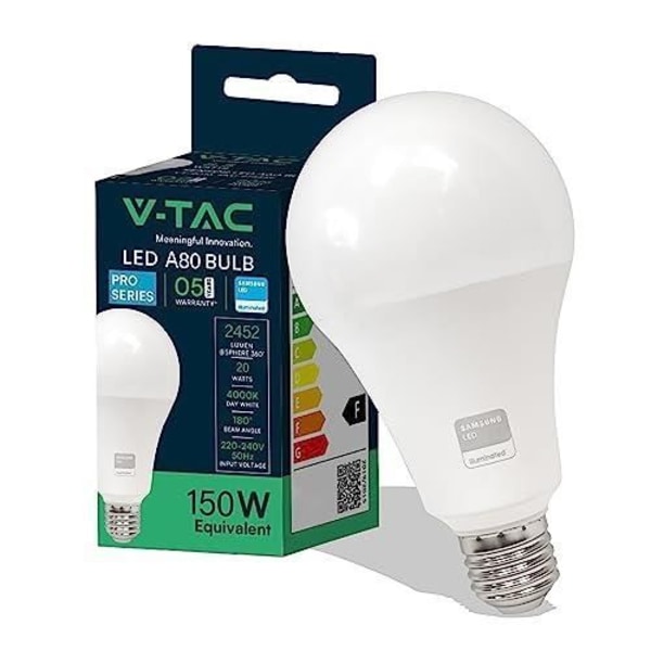 V-TAC LED-lampa E27 bas 20W (motsvarande 150W) A80-2452 Lumen - 4000K Neutral Vit - 200° ljusstråleöppning - Effi