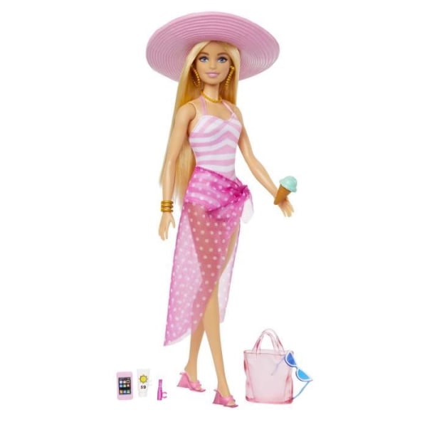 Barbie Beach Day Doll - Mattel - Barbie - Blond - Rosa Beach Outfit - Strandväska - från 3 år och uppåt