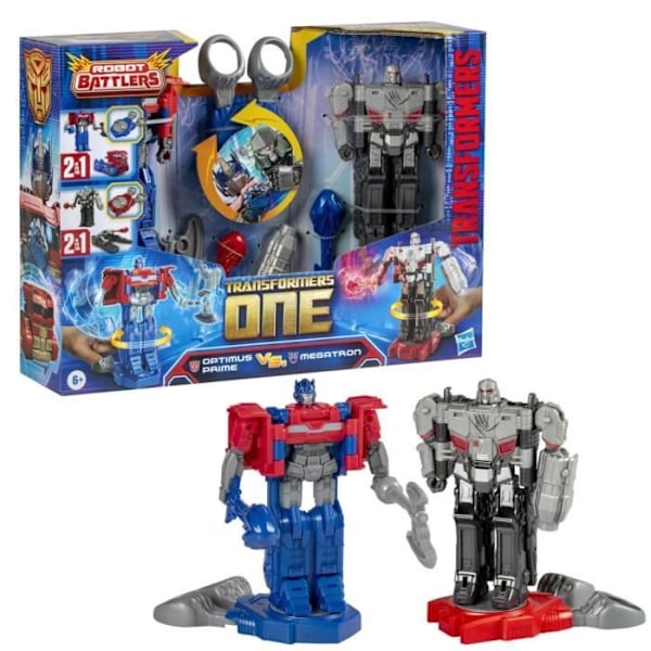 Pakkauksessa 2 kpl Optimus Prime (Orion Pax) ja Megatron (D-16) 11 cm figuuria, leluja 6 vuoden iästä alkaen, Transformers One Robot Batttlers Flerfärgad
