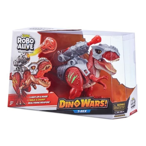 Interaktiivinen dinosaurus - ZURU - ROBO ALIVE Dino Wars T-Rex - Kävelee ja murisee - Puolustusvarustus - Ohjusheittimet Röd