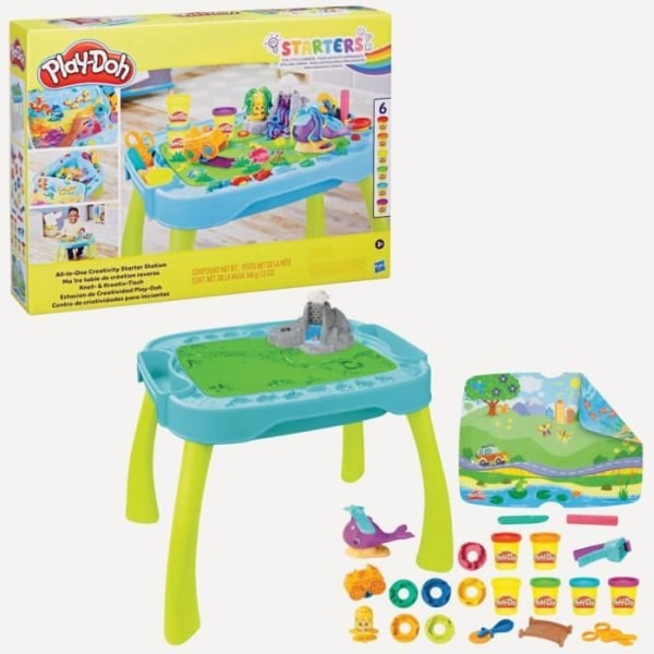 Käännettävä Play-Doh Creation -pöytä lapsille, 15 lisävarustetta ja 6 kattilaa Playdoughia, Play-Doh-alkupalat Flerfärgad