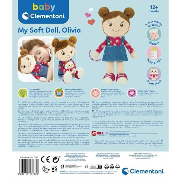 Baby Clementoni - Olivia, min egen docka - Mjuk docka 26,5cm + 3 tillbehör Flerfärgad