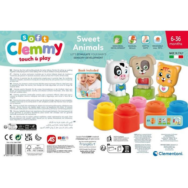 Clementoni - Cubes & Animals Soft Clemmy - 6 kuber + 3 tecken + Bok Flerfärgad