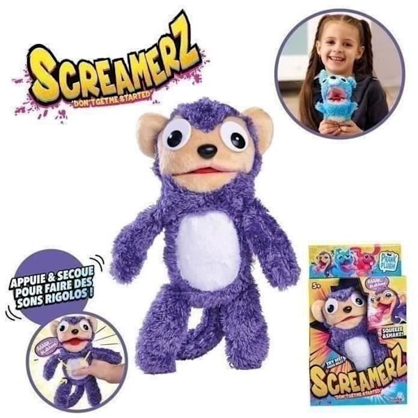 Smoby - Screamerz - Interaktiv sjov bamse - Abe - 28 cm - Lyd når den rystes eller når der trykkes på knappen 3 färgglada djur