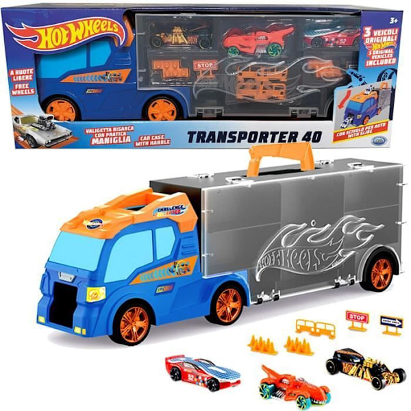 Hot Wheels Transporter Truck + 3 bilar och vägtillbehör Blå, grå, orange