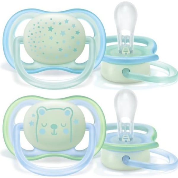 PHILIPS AVENT SCF376/11 Paket med 2 ultra-luft fosforescerande nappar - blå &amp; grön - 0-6 månader - pojke