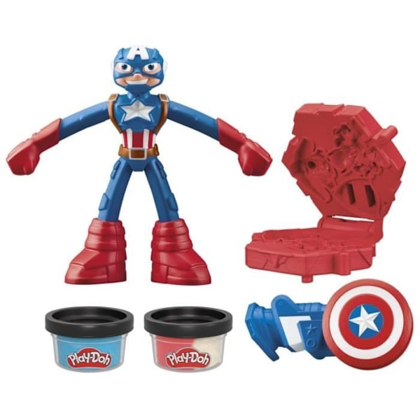Play-Doh Kapteeni Amerikka, leikkisetti Törmäyskilpi joustavalla hahmolla, tarvikkeet ja muovailuvaha, alkaen 4 vuotta, Marvel Flerfärgad