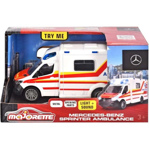 Autolelu - MAJORETTE - Mercedes-Benz Sprinter -ambulanssi - Ääni- ja valotehosteet - Valkoinen Vit