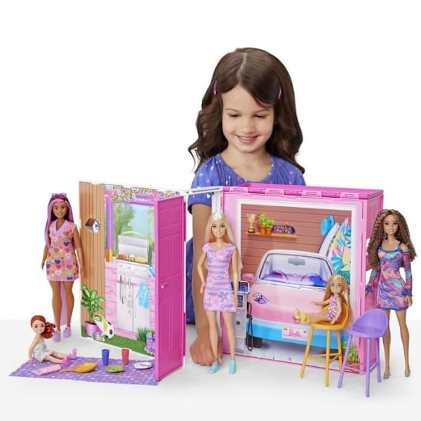 Barbie-Semesterhus-Låda och docka, 4 zoner och 11 tillbehör HRJ77 Flerfärgad
