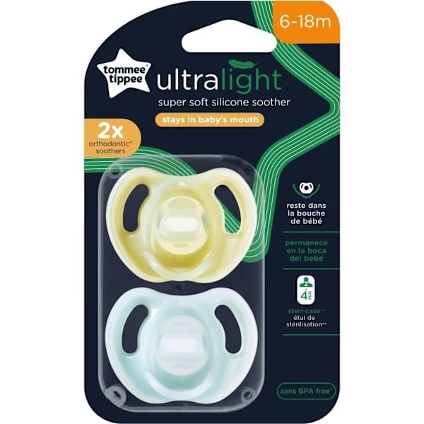 Tutit - TOMMEE TIPPEE - Ultrakevyt - 6-18 kuukautta - 2 kpl yksiosaisen BPA-vapaan tutin setti Gul och blå