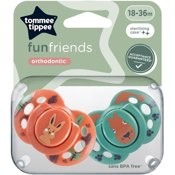 Sut - TOMMEE TIPPEE - SJOV - 18-36 måneder - Sæt med 2 symmetriske BPA-fri sutter - Genanvendelig steriliseringskapsel Flerfärgad