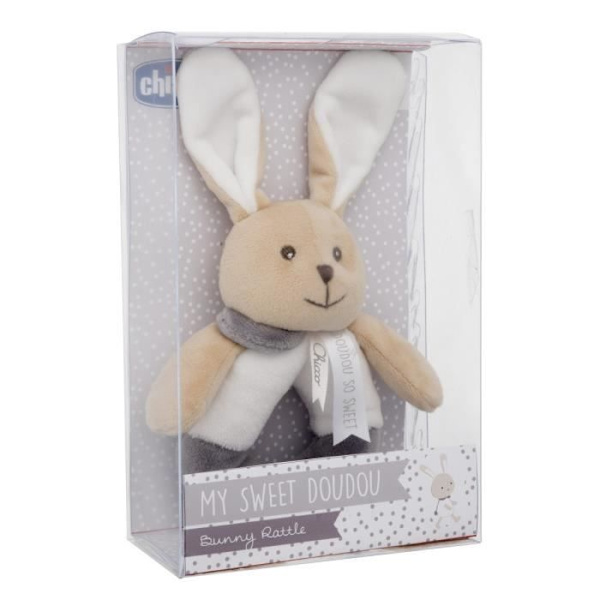 Rabbit Rattle - CHICCO - My Sweet Doudou - Soft Plush - Birth - Mixed Beige, grått och vitt