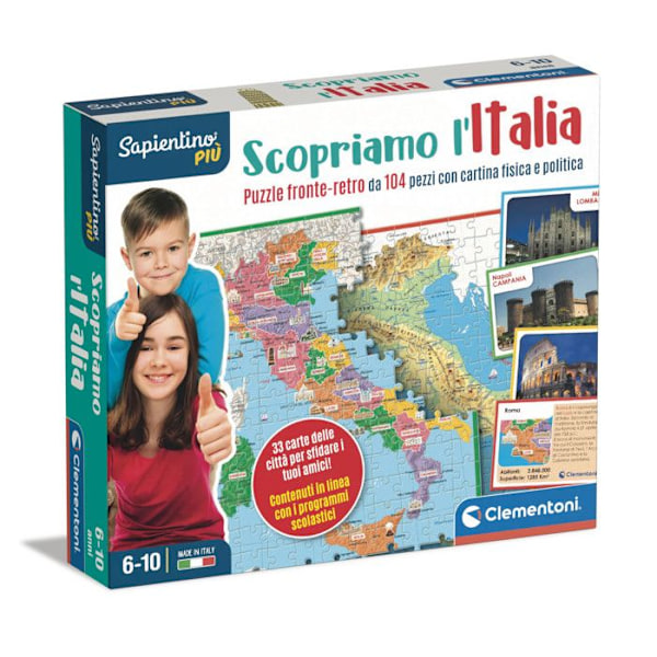 Clementoni Sapientino Plus - Vi opdager Italien Smart-Puzzle Fysisk og Politisk Kort, læringsspil for 6-årige, Geografi spil italienska