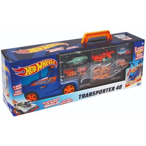 Hot Wheels Transporter Truck + 3 bilar och vägtillbehör Blå, grå, orange