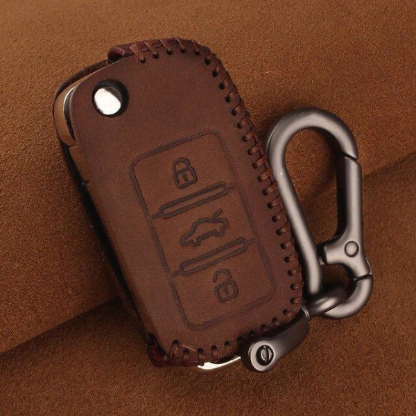 Nyckelkarbinhake i äkta läder med 3 knappar till Volkswagen Brown 3 button brown