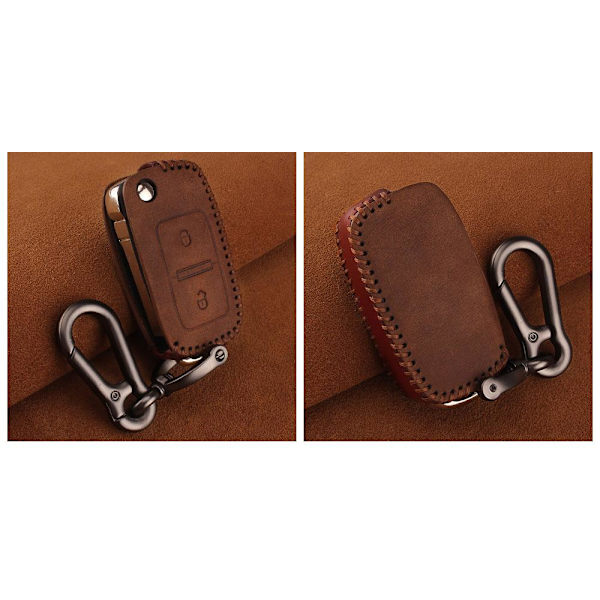 Nyckelkarbinhake i äkta läder med 2 knappar till Volkswagen Brown 2 button brown