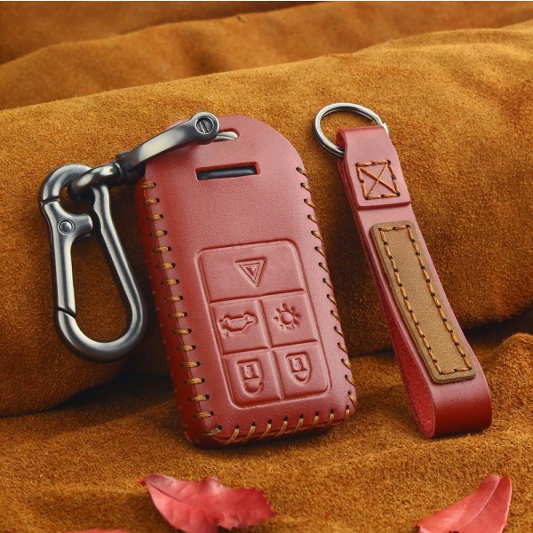 Bilnyckelväska i äkta läder karbinhake för Volvo Red Red 5 button