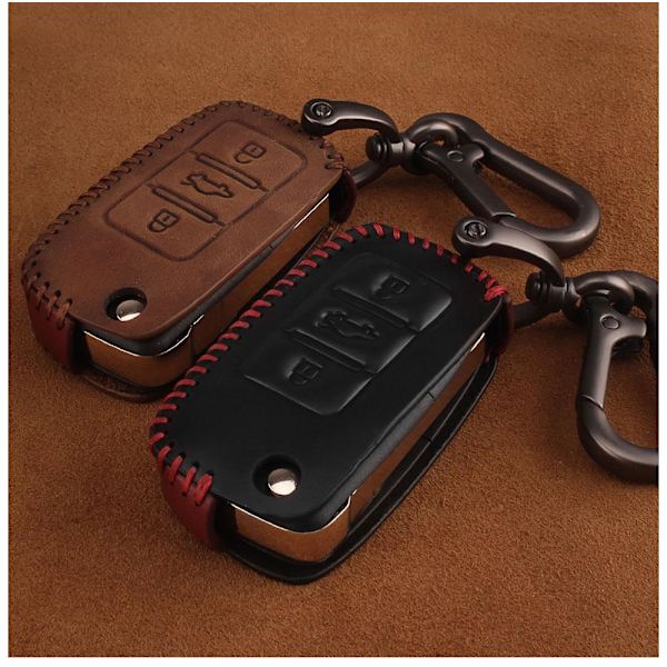 Nyckelkarbinhake i äkta läder med 3 knappar till Volkswagen Black 3 button black