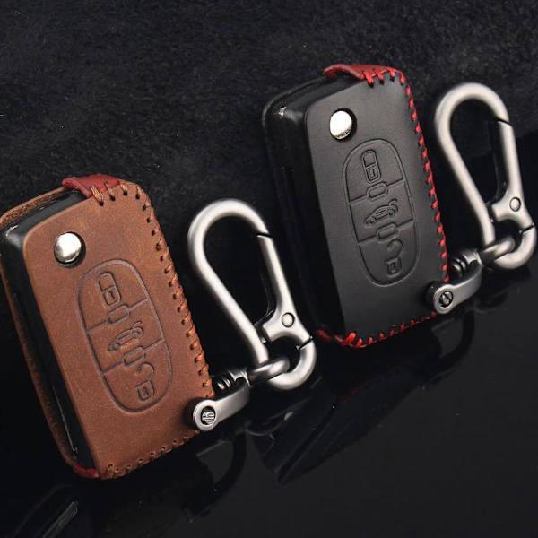 Nyckelkarbinhake i äkta läder med 3 knappar till Peugeot Citroen Brown 3 button brown