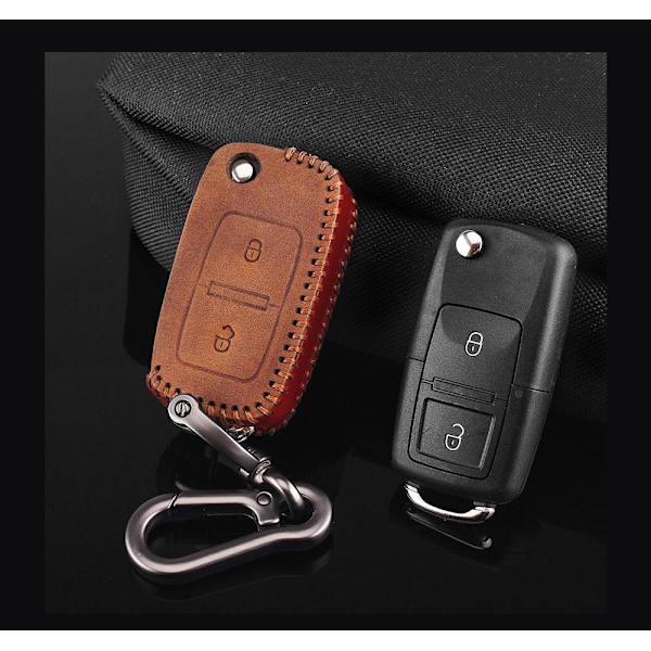 Nyckelkarbinhake i äkta läder med 2 knappar till Volkswagen Brown 2 button brown