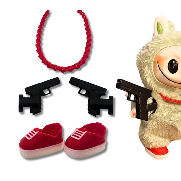 Labubu gatutillbehörsset – Mini glock-pistoler, kedja och sneakers Röd