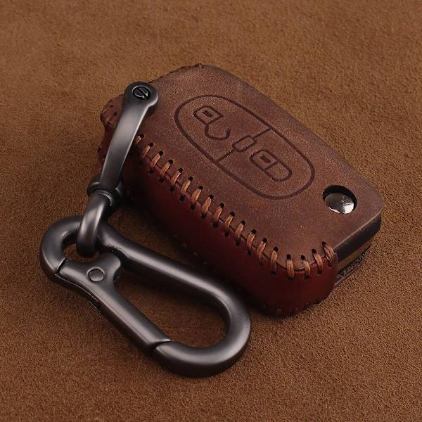 Nyckelkarbinhake i äkta läder med 2 knappar till Peugeot Citroen Brown 2 button brown