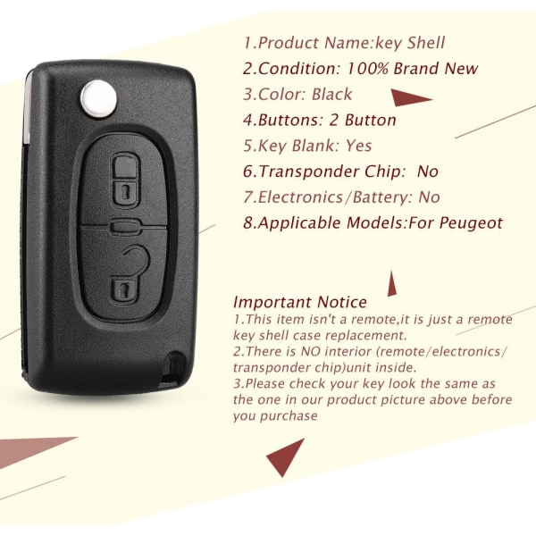 Key Case Shell 2 -knappar CE0536 HU83 blad för Citroen Svart one size