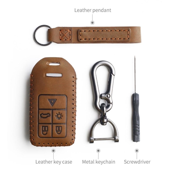 Bilnyckelväska i äkta läder karbinhake för Volvo Brown Brown 5 button