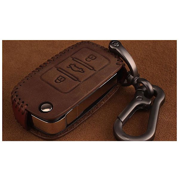 Nyckelkarbinhake i äkta läder med 3 knappar till Volkswagen Brown 3 button brown