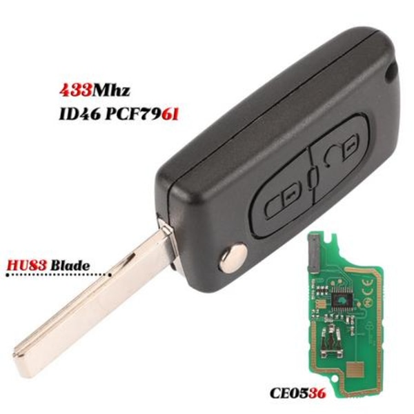 2 knappar nyckel CE0536 433MHz ID46 chip HU83 för Peugeot Svart M