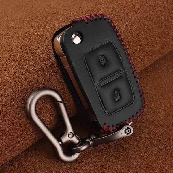 Nyckelkarbinhake i äkta läder med 2 knappar till Volkswagen Black 2 button black